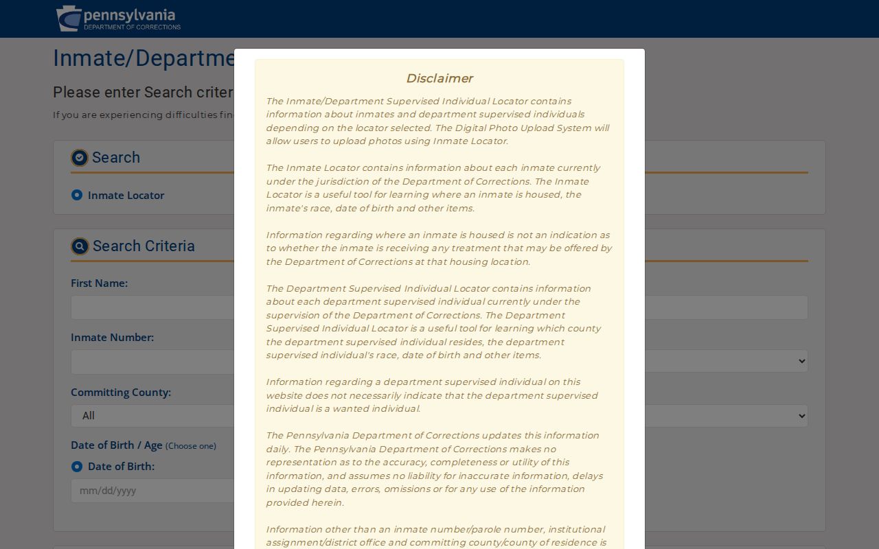 PA DOC Chester County released inmate locator search modes