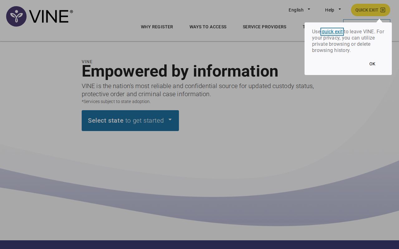 VINELink screen for selecting Pennsylvania and beginning a person search